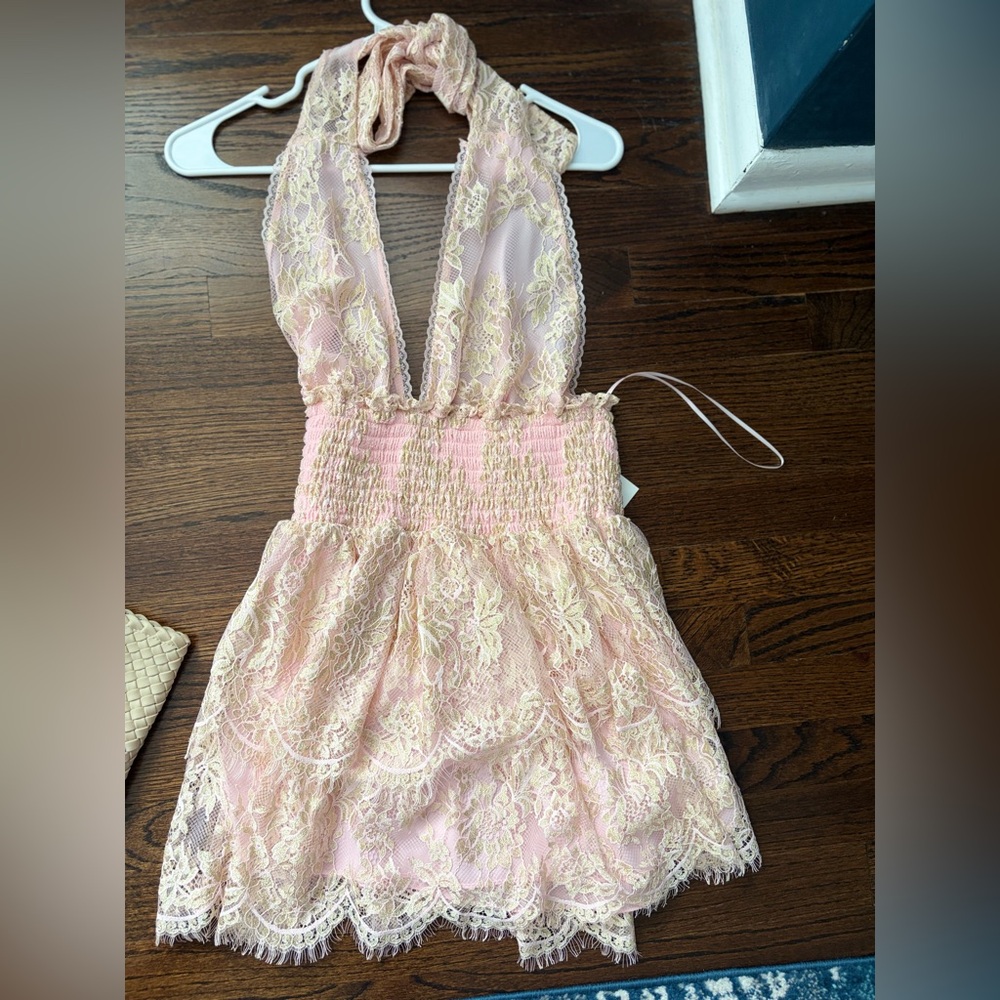Loveshack Fancy Deanna Halter Dress in Pink and Gold